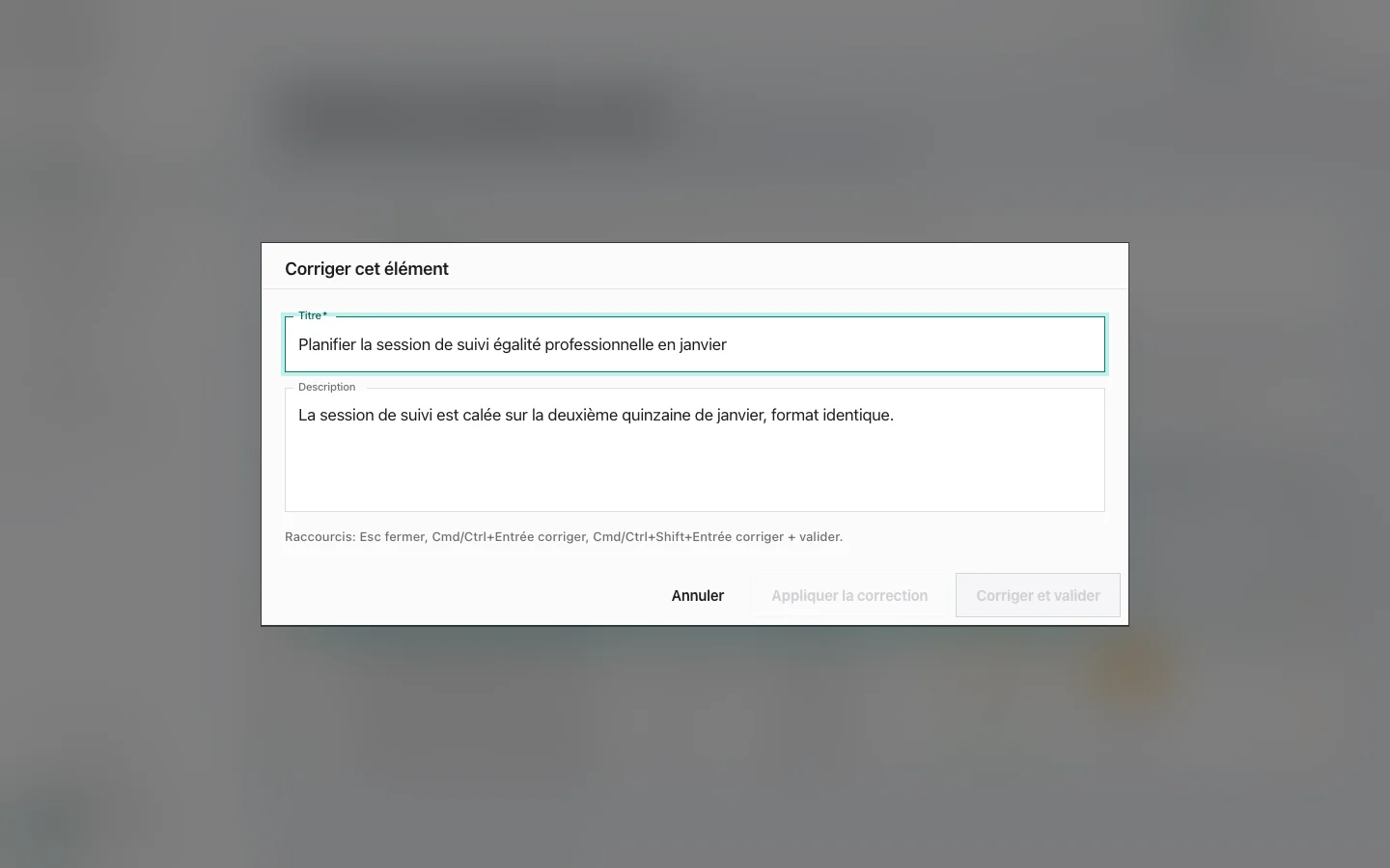 Boîte de dialogue Taveni pour corriger un élément avant de le valider.