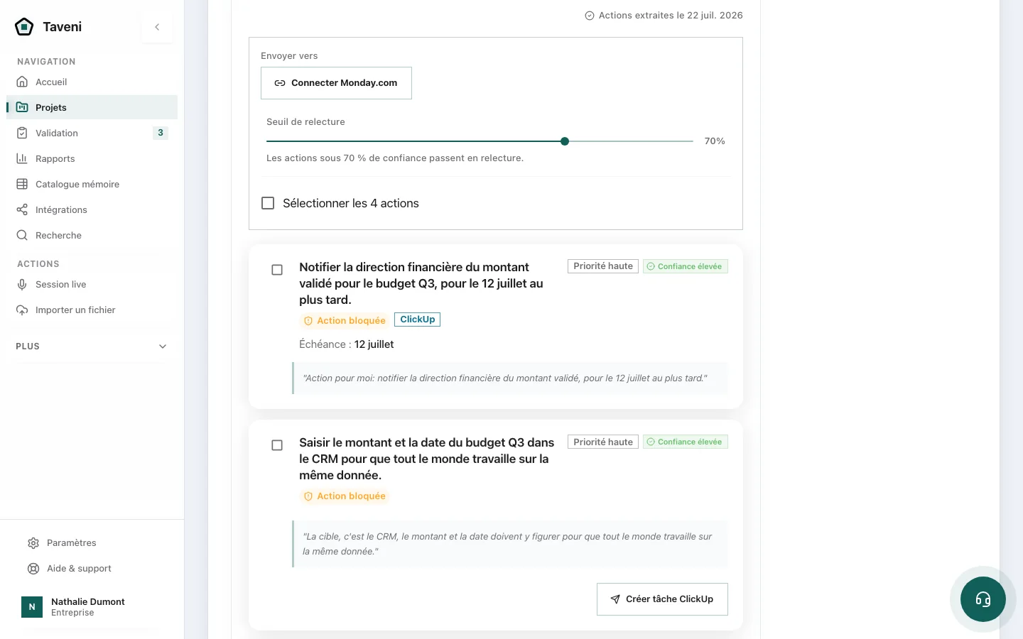 Interface Taveni : une action qualifiée porte le repère ClickUp de sa tâche créée, les autres actions restent à envoyer.